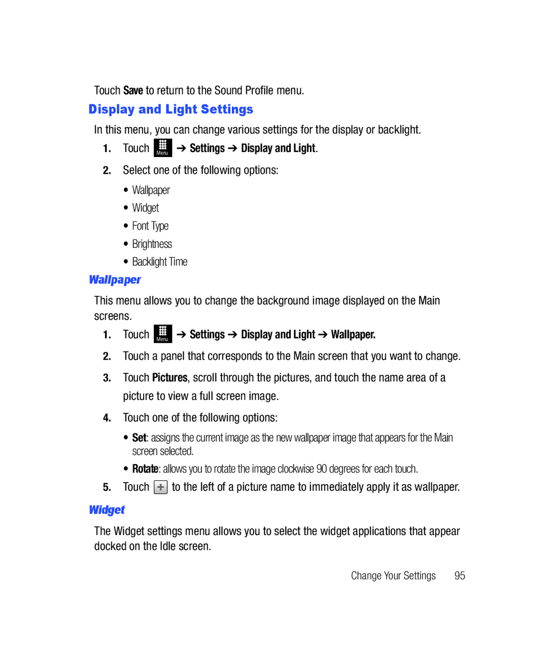Samsung SGH-T528G user manual Display and Light Settings, Touch Menu Settings Display and Light Wallpaper, Widget 
