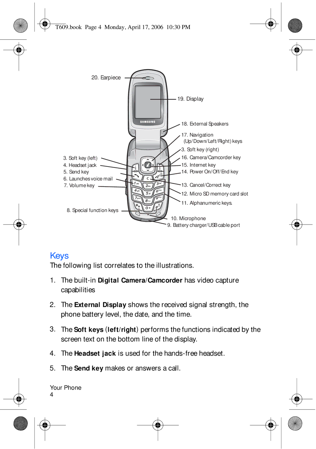 Samsung SGH-t609 manual Keys, Following list correlates to the illustrations 