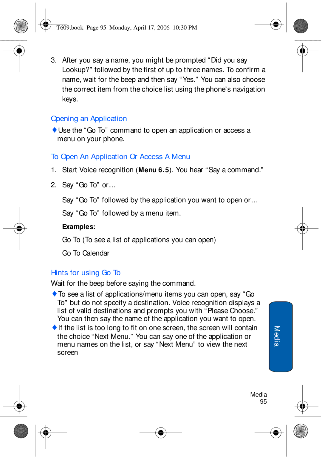 Samsung SGH-t609 manual Opening an Application, To Open An Application Or Access a Menu, Hints for using Go To 