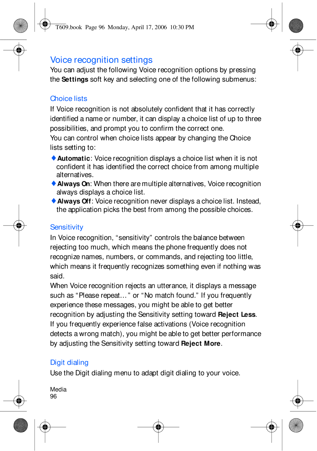 Samsung SGH-t609 manual Voice recognition settings, Choice lists, Sensitivity, Digit dialing 