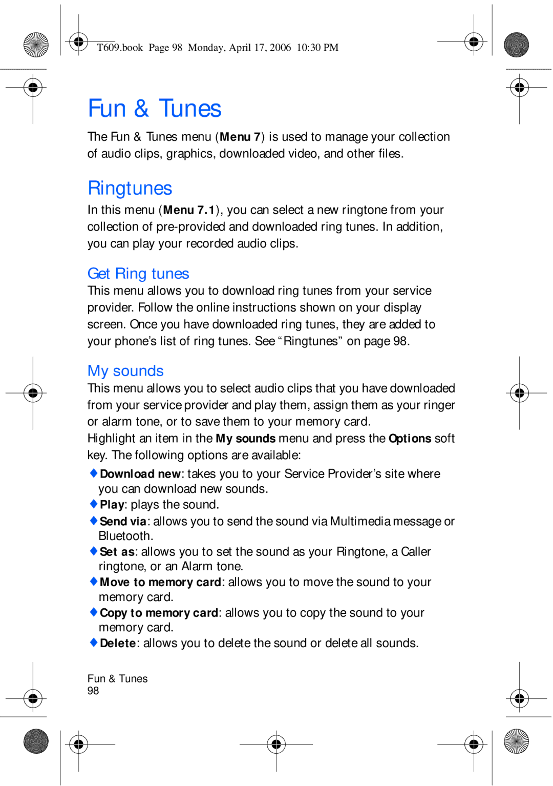 Samsung SGH-t609 manual Fun & Tunes, Ringtunes, Get Ring tunes, My sounds 