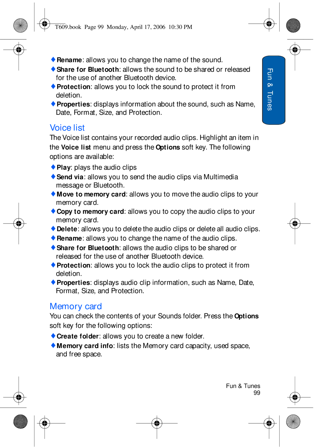 Samsung SGH-t609 manual Memory card, Rename allows you to change the name of the audio clips, Fun & Tunes 