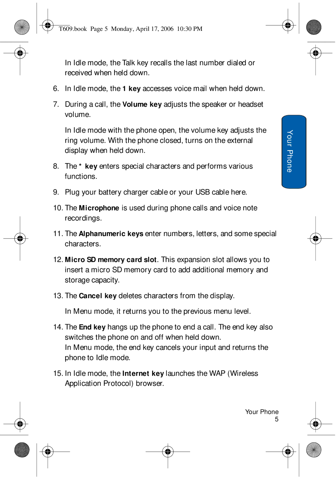 Samsung SGH-t609 manual Idle mode, the 1 key accesses voice mail when held down 