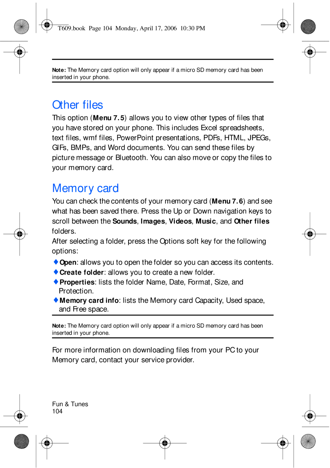 Samsung SGH-t609 manual Other files Memory card 