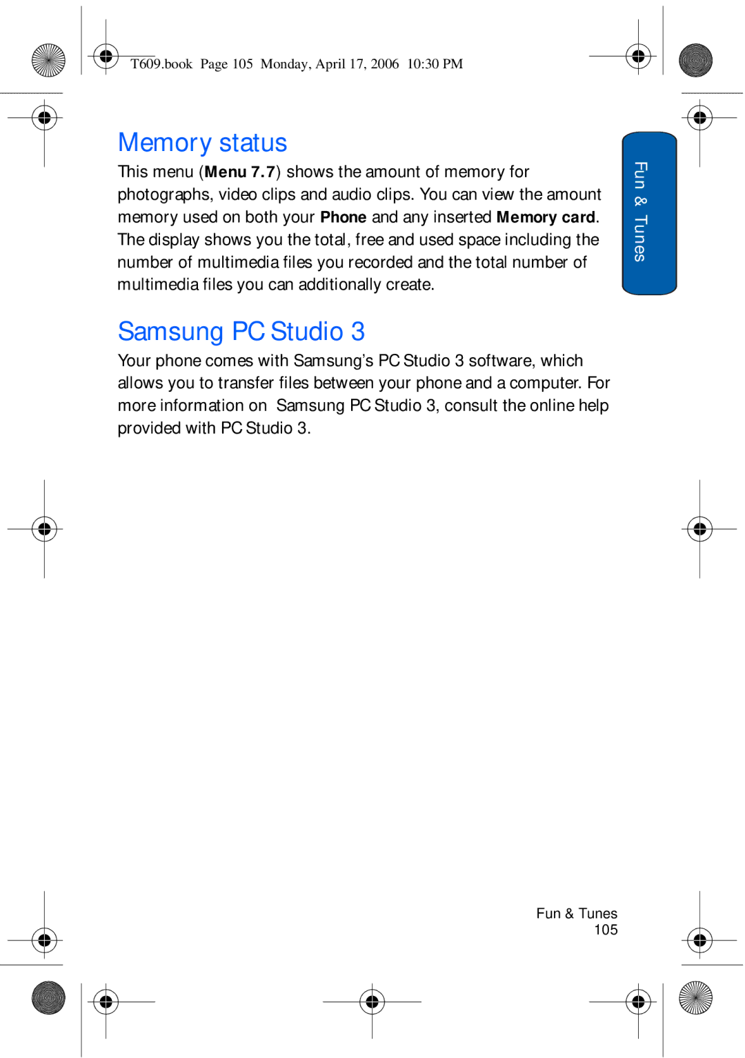 Samsung SGH-t609 manual T609.book Page 105 Monday, April 17, 2006 1030 PM 