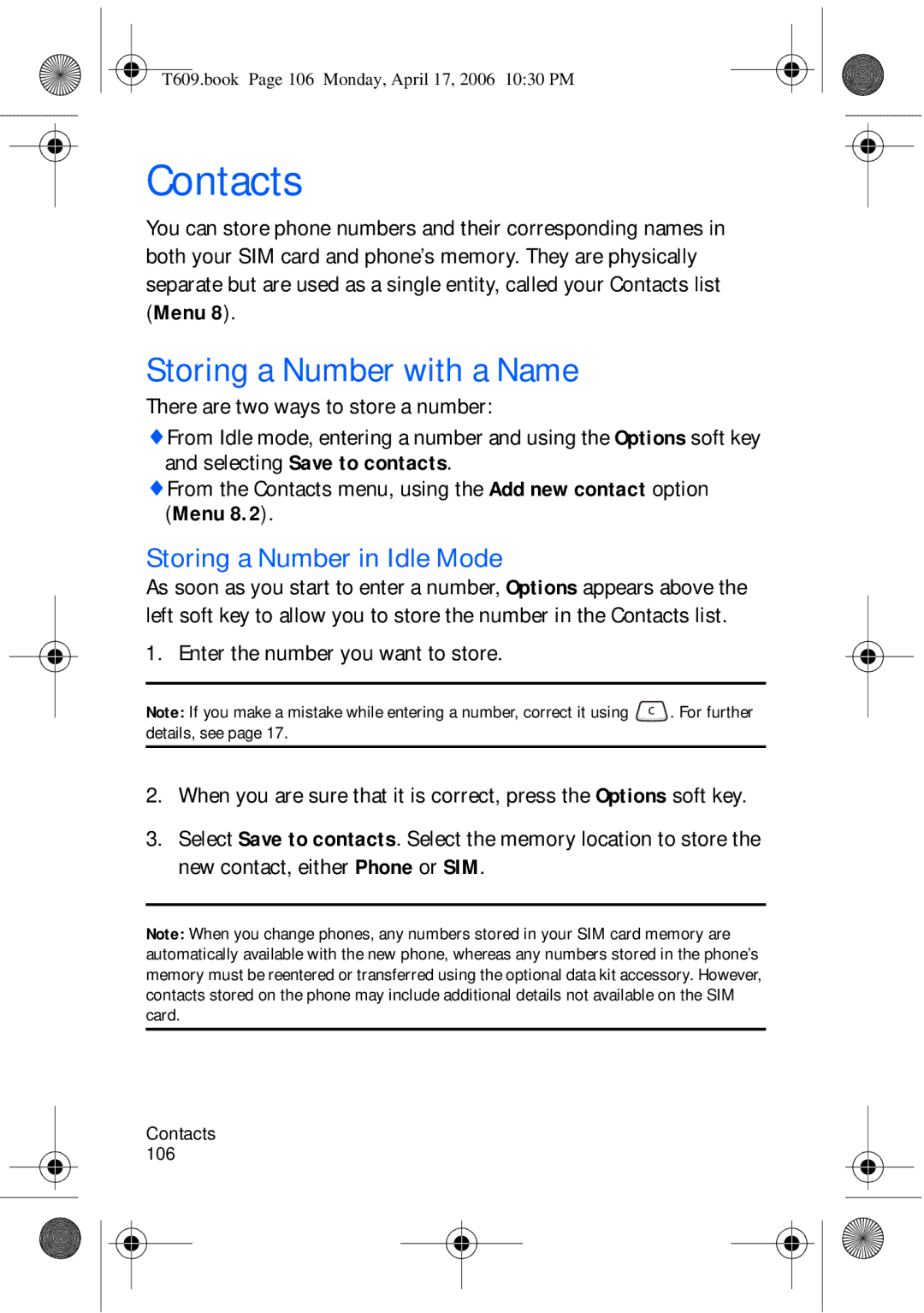 Samsung SGH-t609 manual Contacts, Storing a Number with a Name, Storing a Number in Idle Mode 