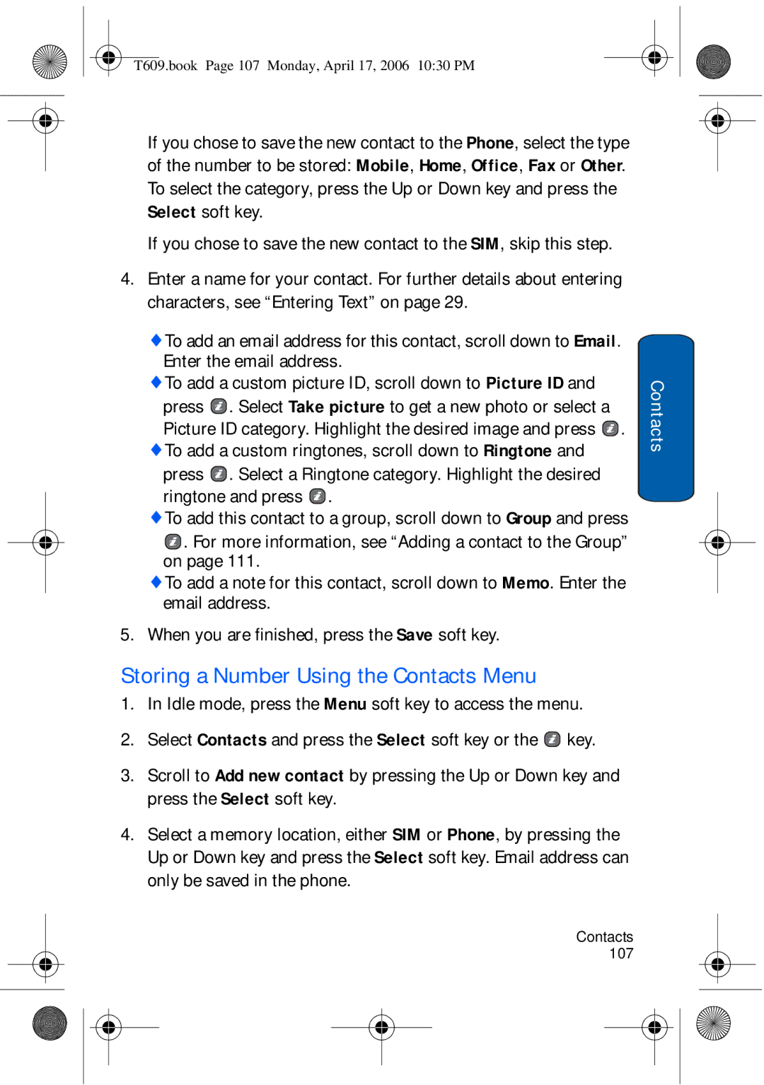 Samsung SGH-t609 manual Storing a Number Using the Contacts Menu, Enter the email address, Ringtone and press 