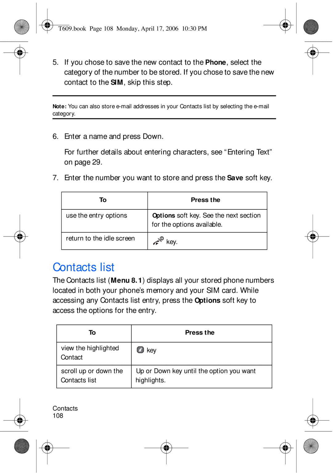 Samsung SGH-t609 manual Contacts list 