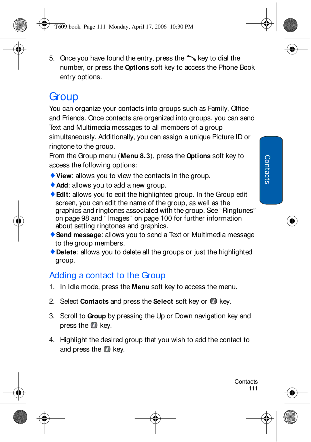 Samsung SGH-t609 manual Adding a contact to the Group 