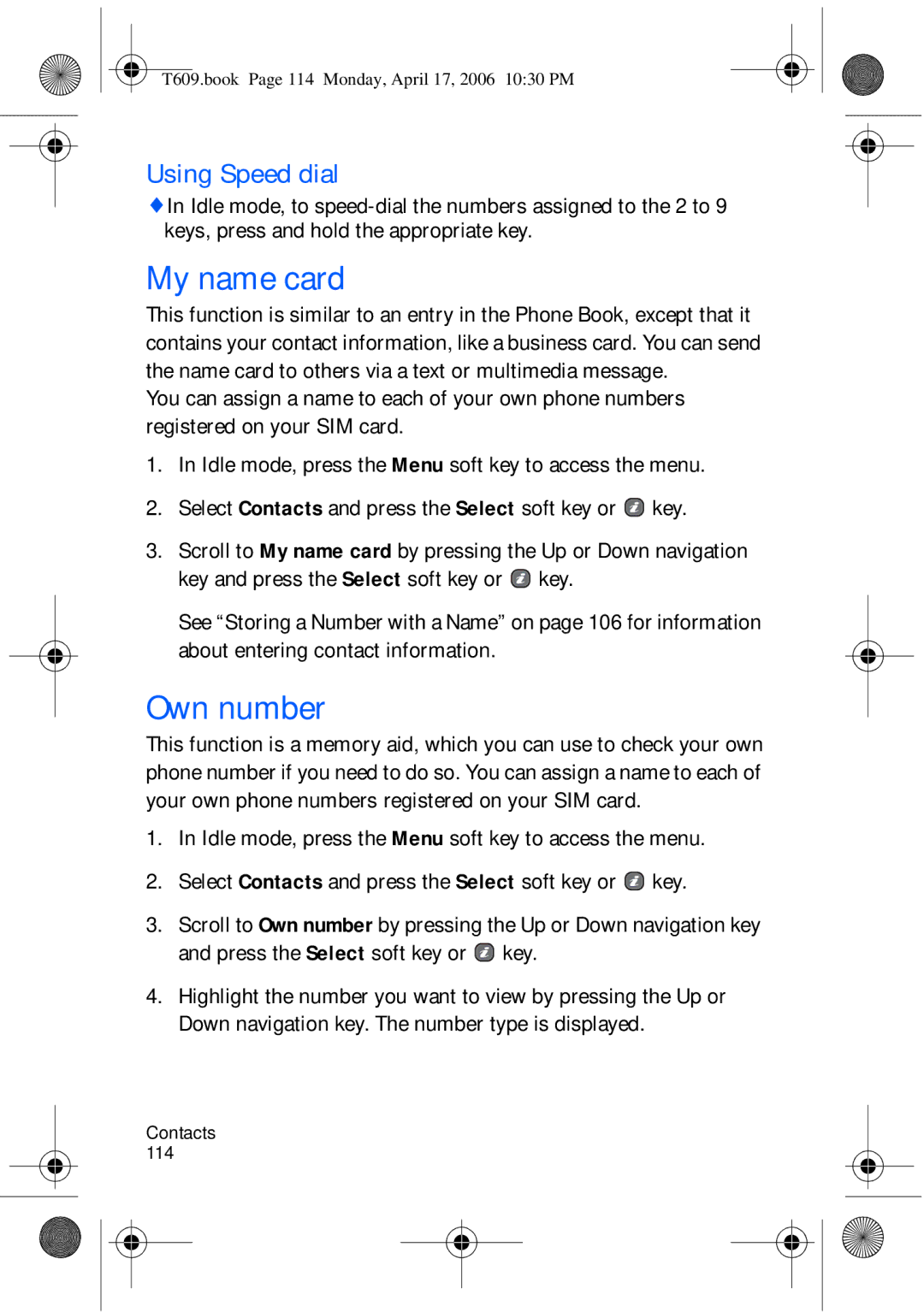 Samsung SGH-t609 manual My name card, Own number, Using Speed dial 