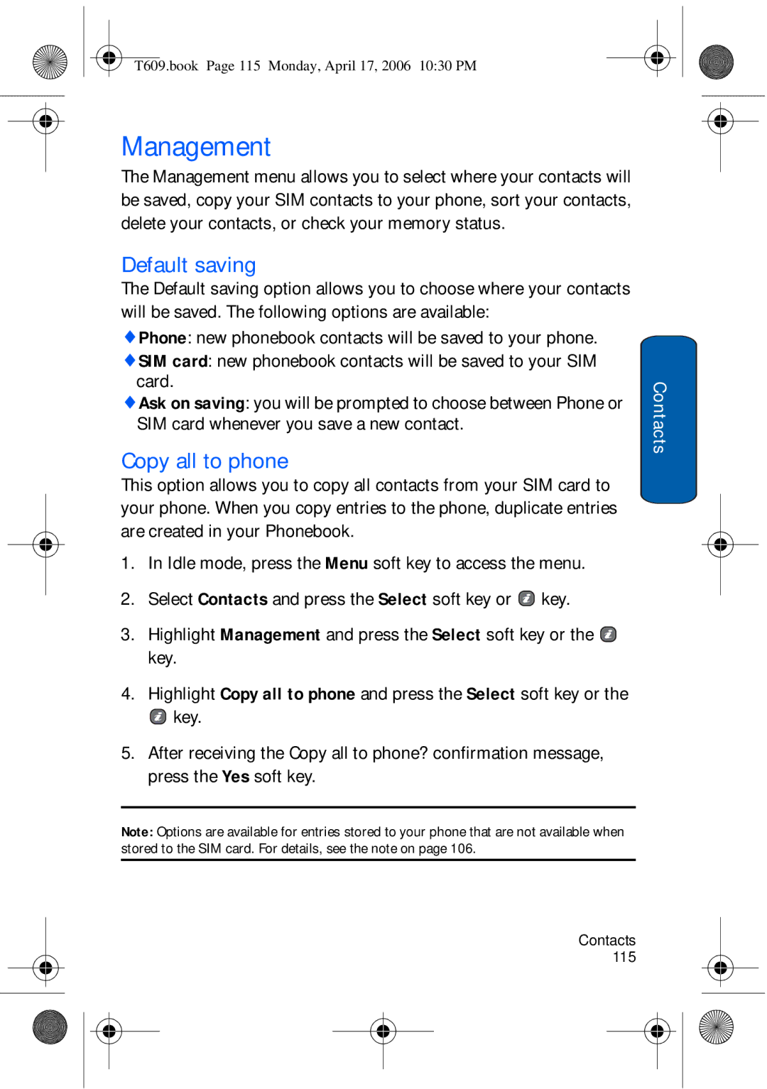 Samsung SGH-t609 manual Management, Default saving, Copy all to phone 