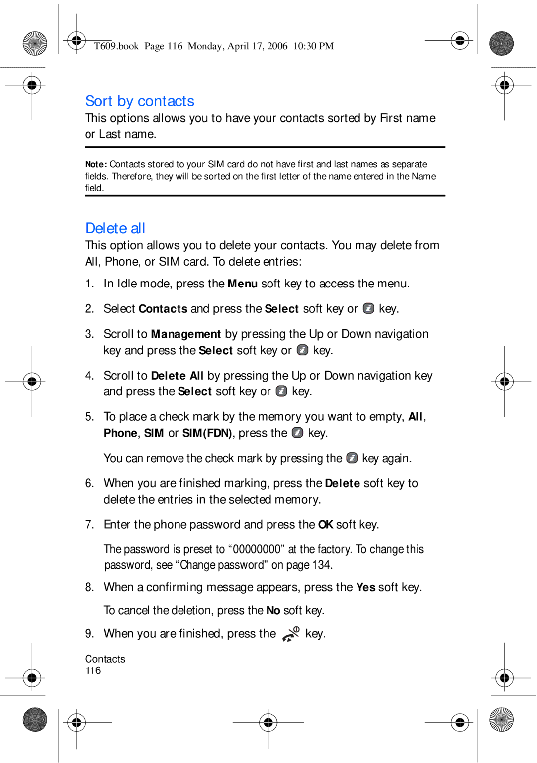 Samsung SGH-t609 manual Sort by contacts, Delete all 