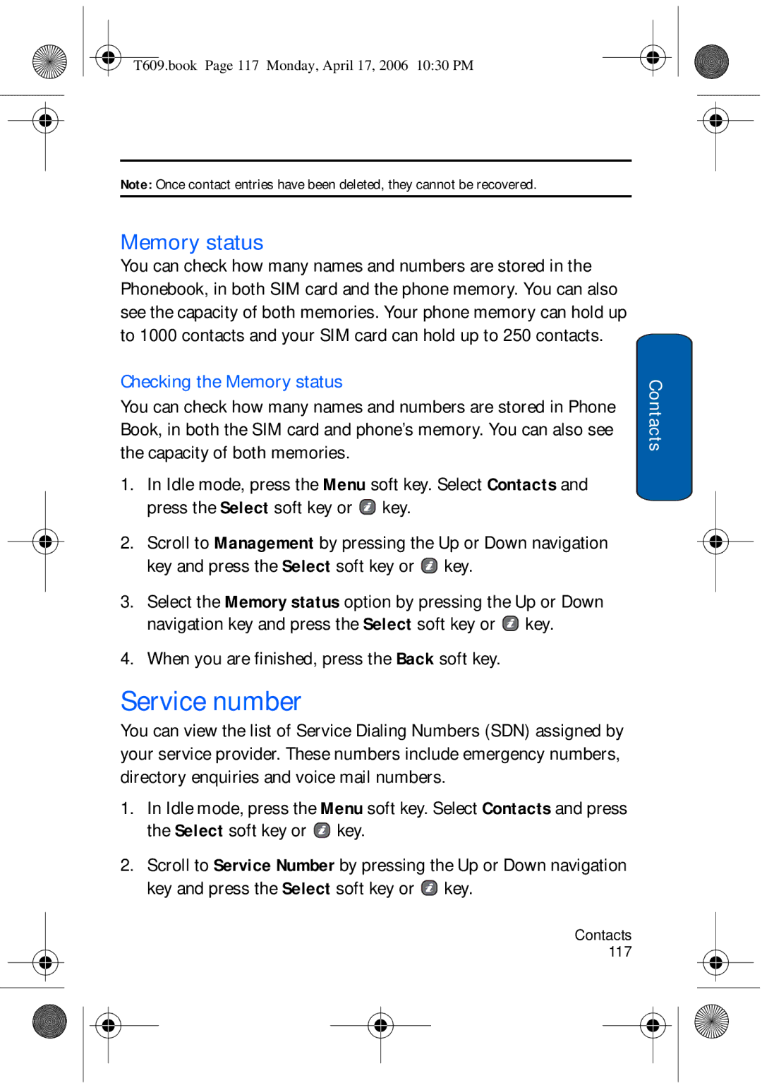 Samsung SGH-t609 manual Service number, Checking the Memory status, When you are finished, press the Back soft key 