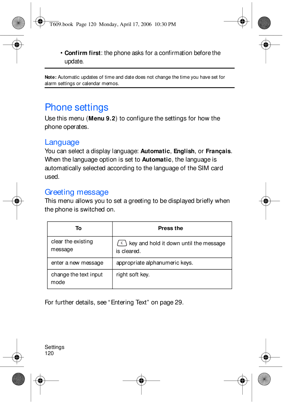 Samsung SGH-t609 manual Phone settings, Language, Greeting message, For further details, see Entering Text on 