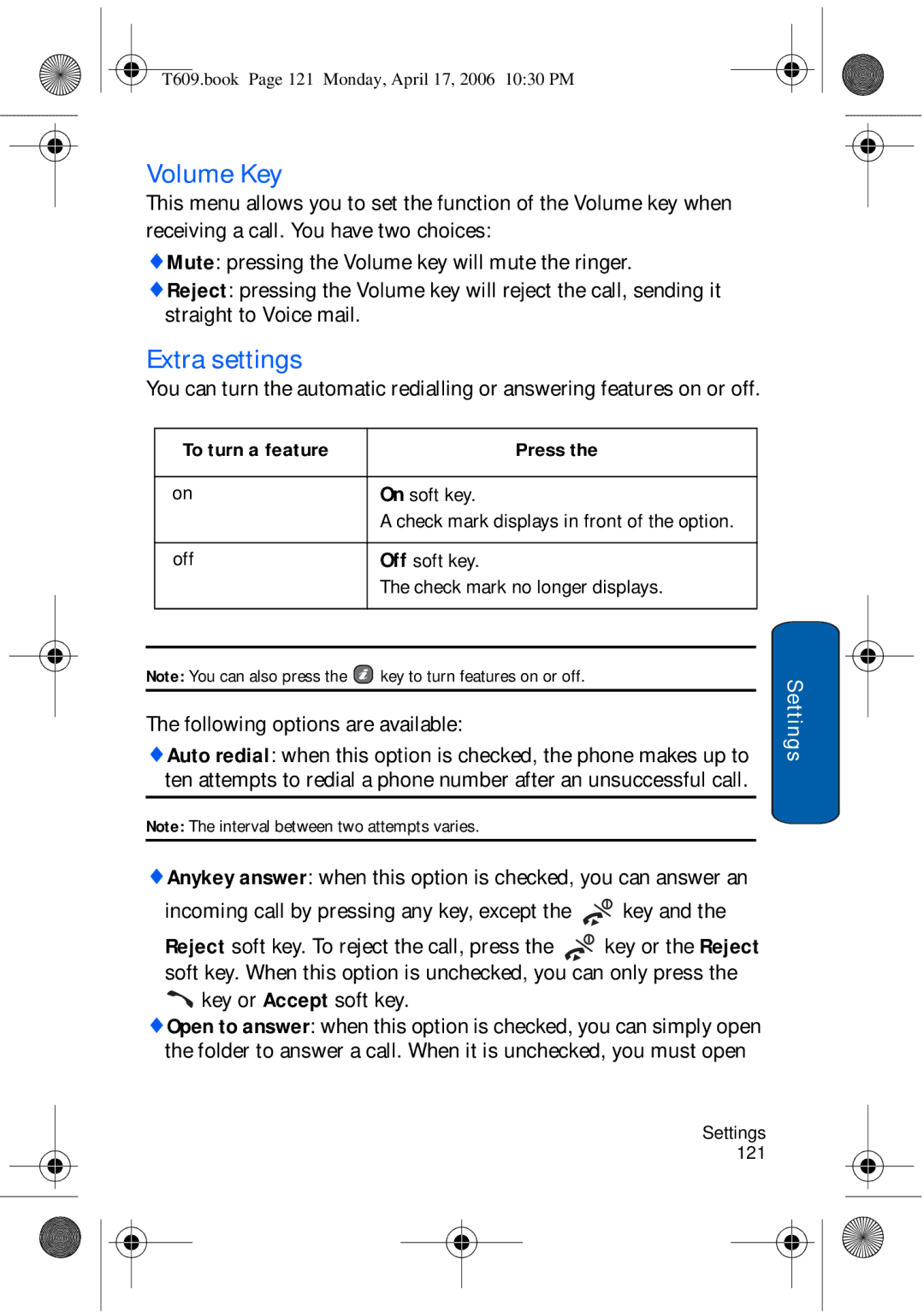 Samsung SGH-t609 manual Volume Key, Extra settings, Key or Accept soft key 