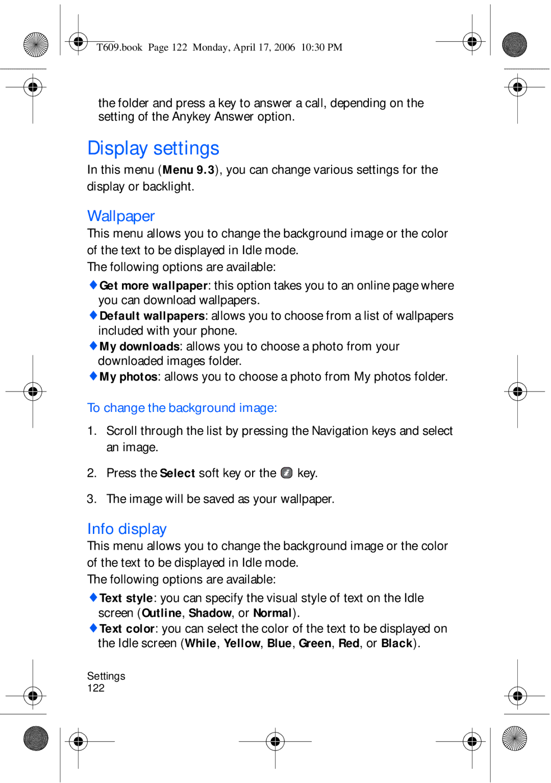 Samsung SGH-t609 manual Display settings, Wallpaper, Info display, To change the background image 