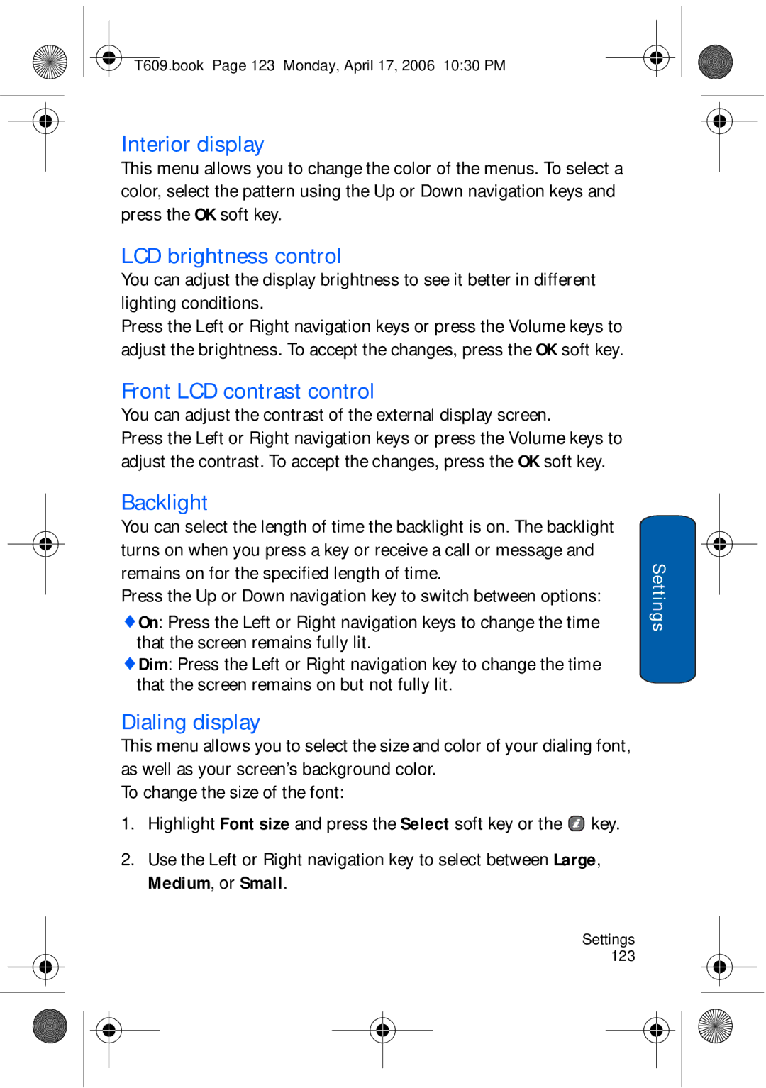 Samsung SGH-t609 manual Interior display, LCD brightness control, Front LCD contrast control, Dialing display 