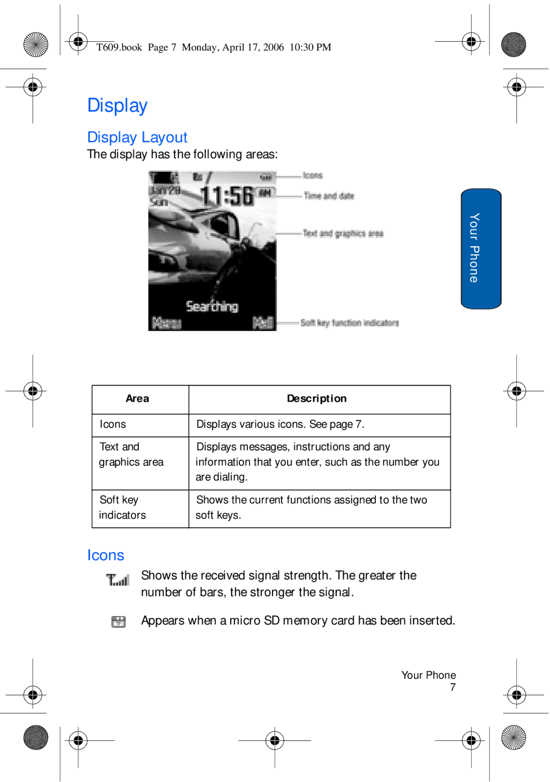 Samsung SGH-t609 manual Display Layout, Icons, Display has the following areas 