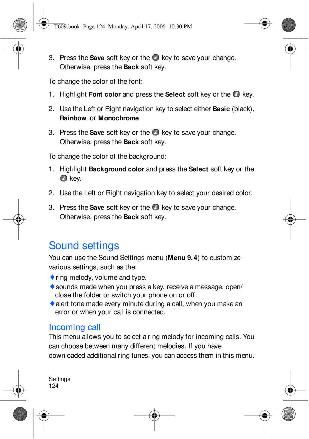 Samsung SGH-t609 manual Sound settings, Incoming call 