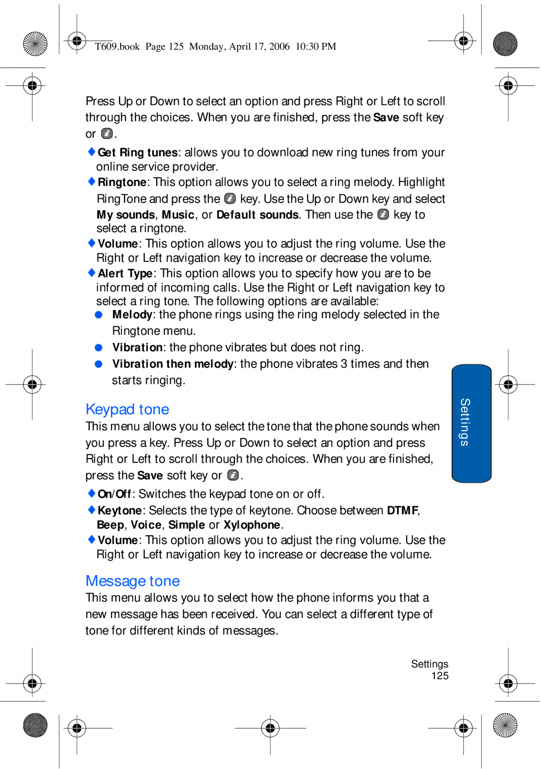Samsung SGH-t609 manual Keypad tone, Message tone 