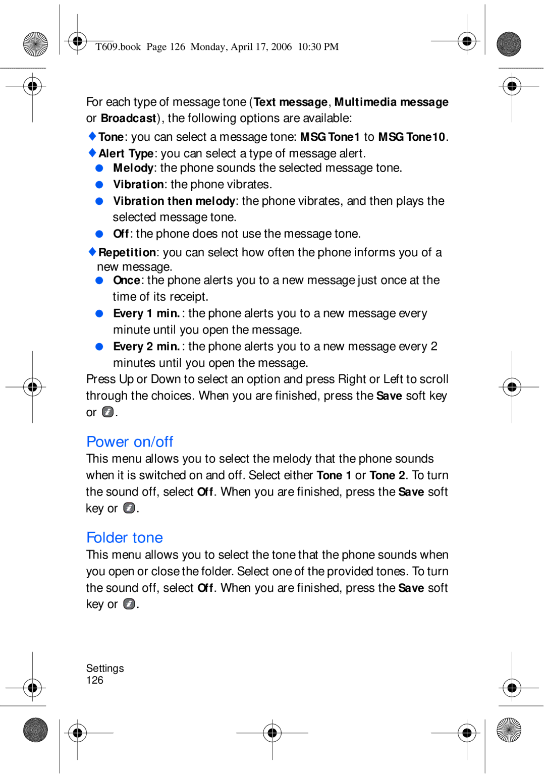 Samsung SGH-t609 manual Power on/off, Folder tone 