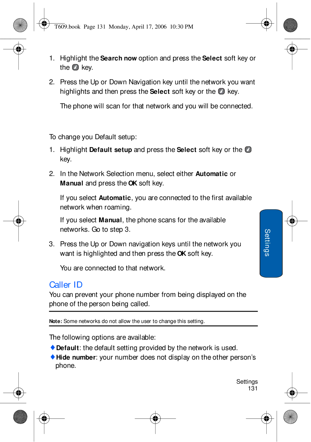 Samsung SGH-t609 manual Caller ID, You are connected to that network 