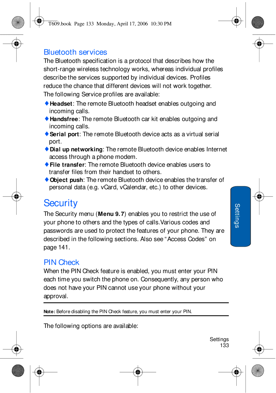 Samsung SGH-t609 manual Security, Bluetooth services, PIN Check 