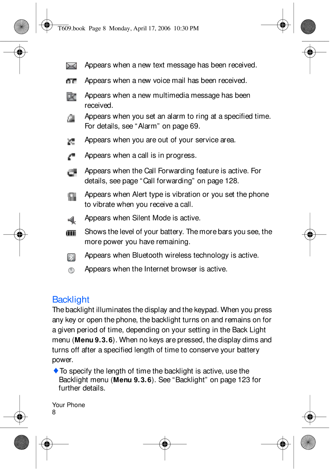 Samsung SGH-t609 manual Backlight 