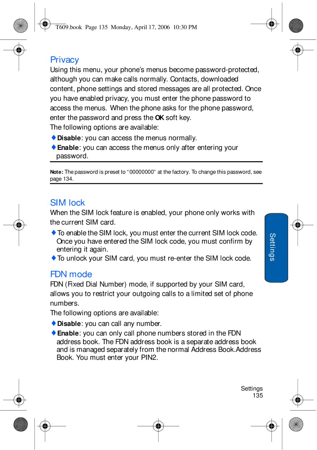 Samsung SGH-t609 manual Privacy, SIM lock, FDN mode 