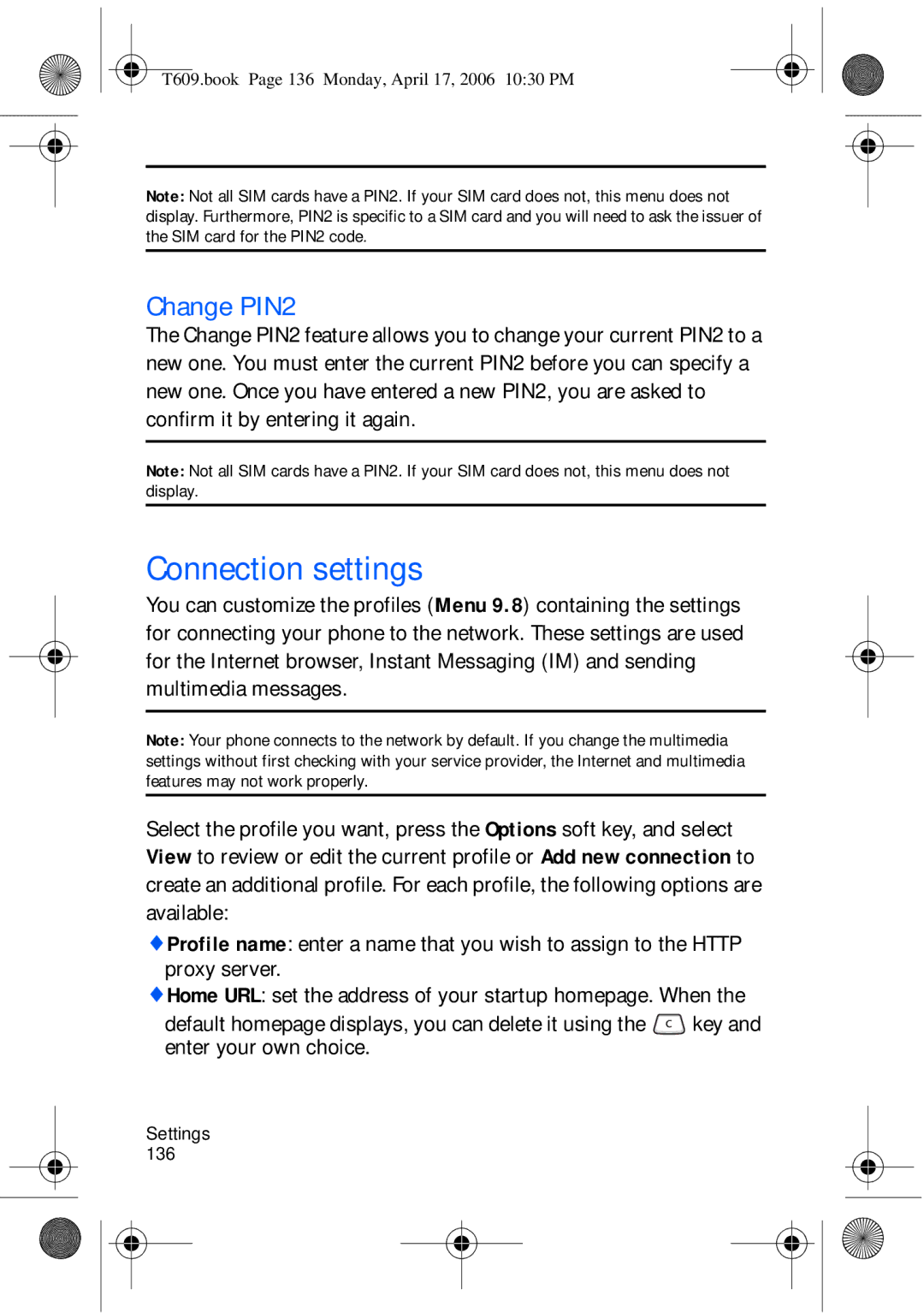 Samsung SGH-t609 manual Connection settings, Change PIN2 