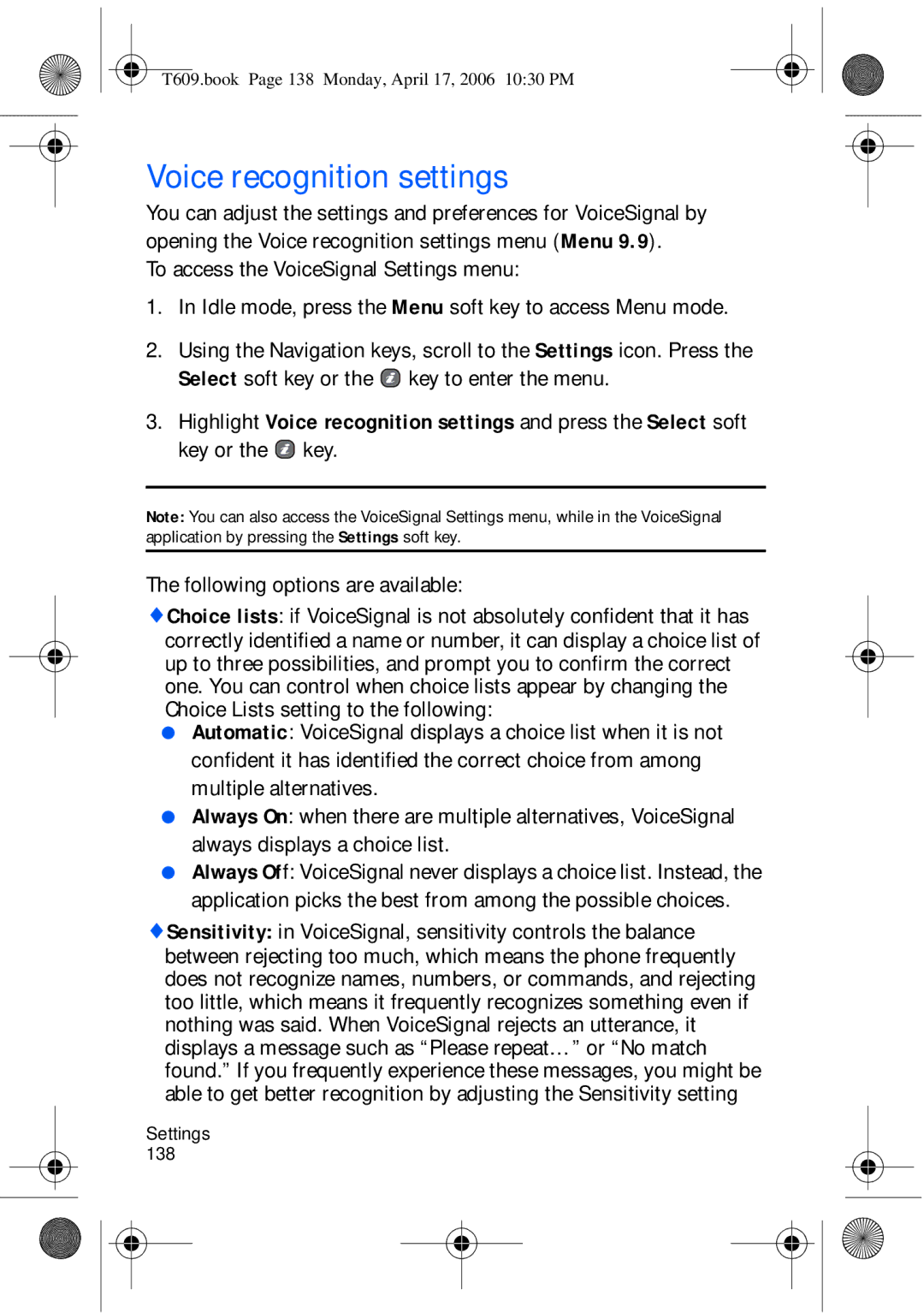 Samsung SGH-t609 manual Voice recognition settings, Following options are available 