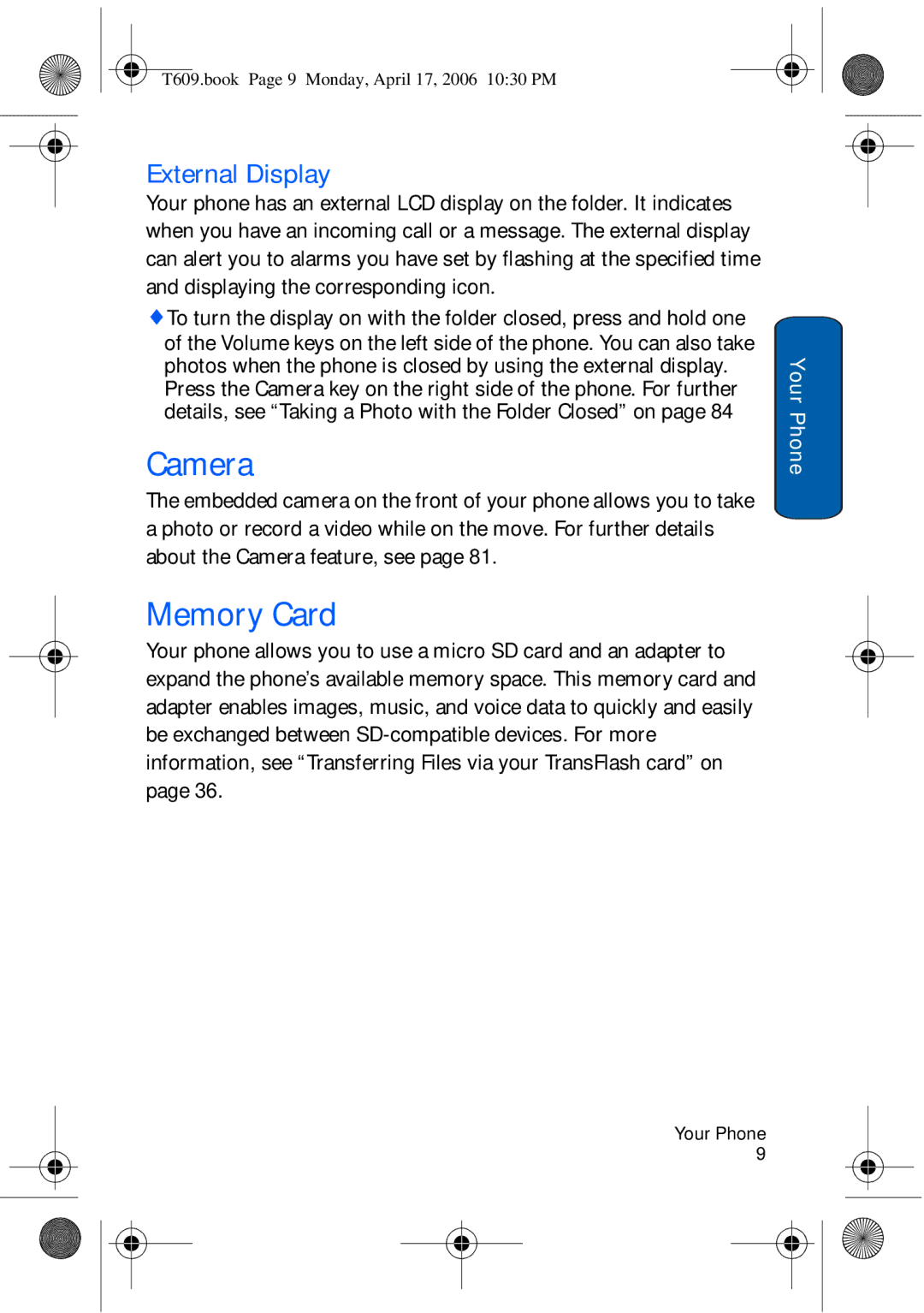 Samsung SGH-t609 manual Camera, Memory Card, External Display 