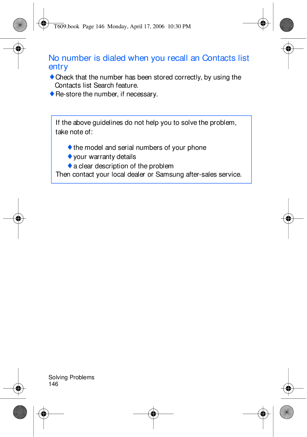 Samsung SGH-t609 manual No number is dialed when you recall an Contacts list entry 