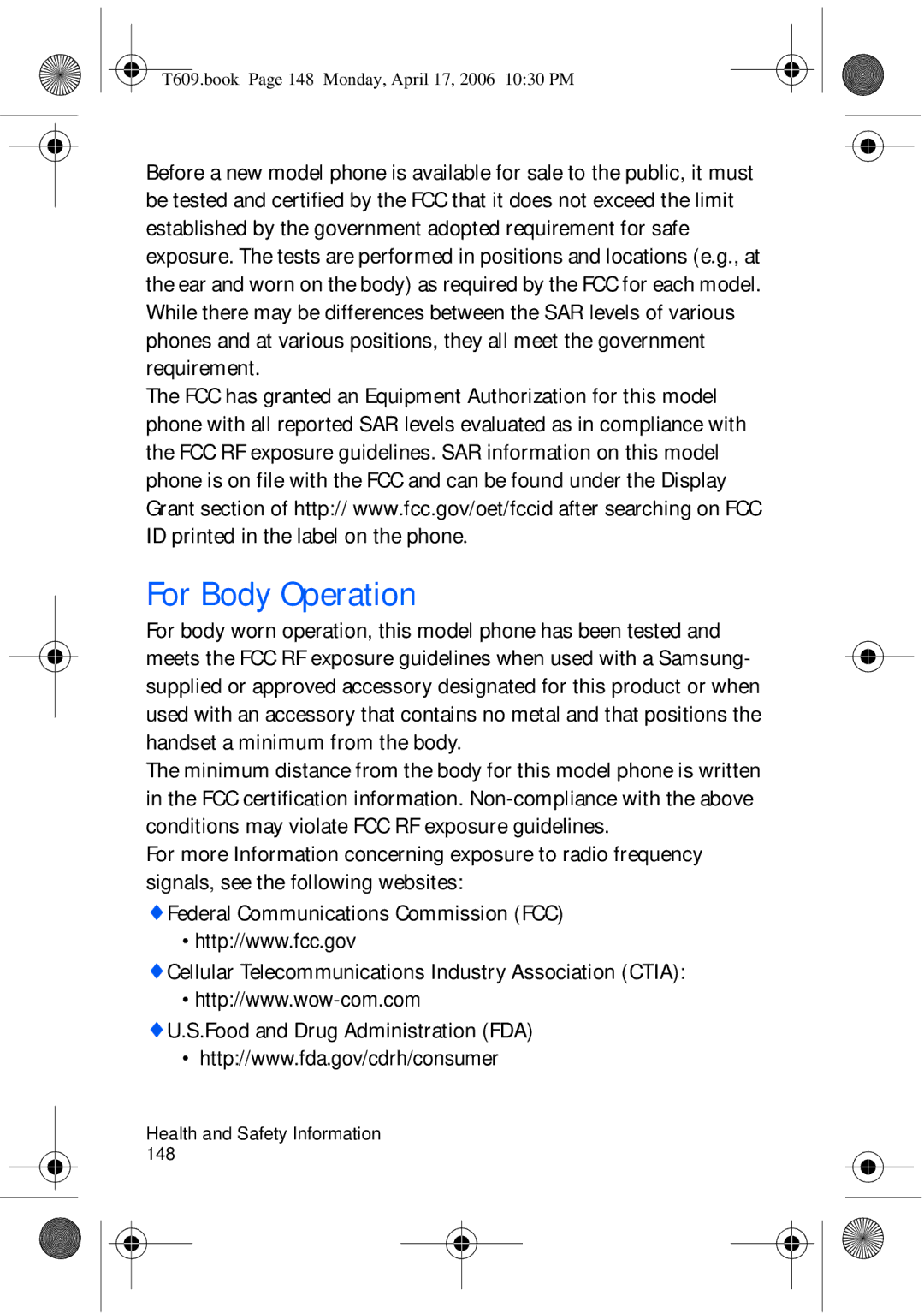 Samsung SGH-t609 manual For Body Operation 