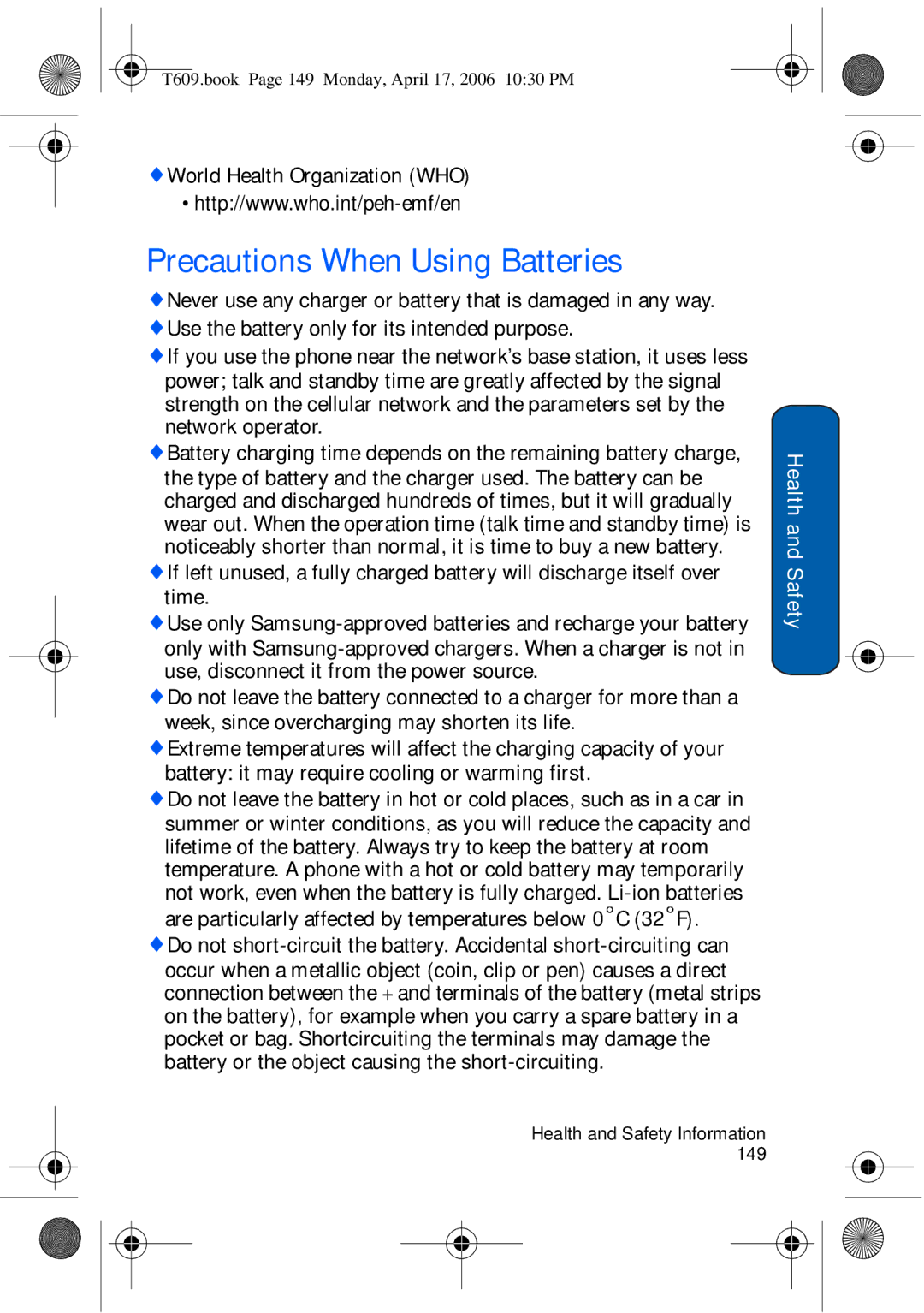 Samsung SGH-t609 manual Precautions When Using Batteries, World Health Organization WHO 