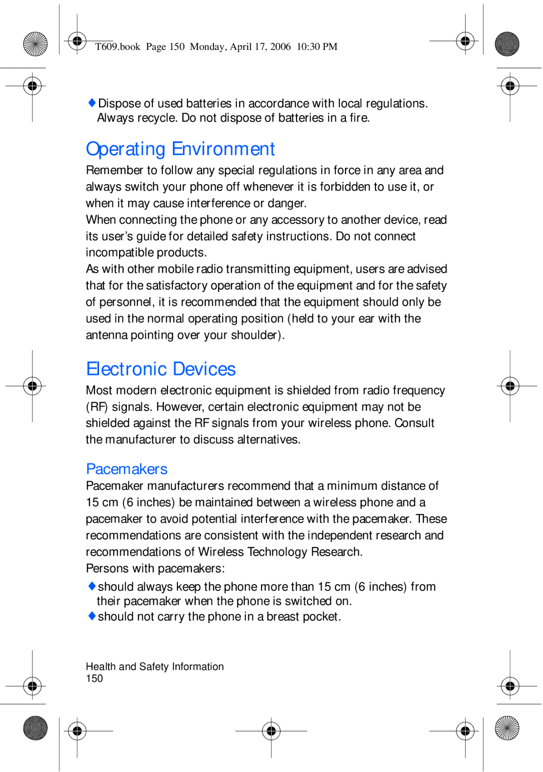 Samsung SGH-t609 manual Operating Environment, Electronic Devices, Pacemakers, Persons with pacemakers 