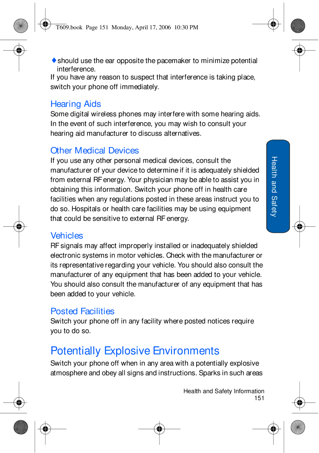 Samsung SGH-t609 Potentially Explosive Environments, Hearing Aids, Other Medical Devices, Vehicles, Posted Facilities 