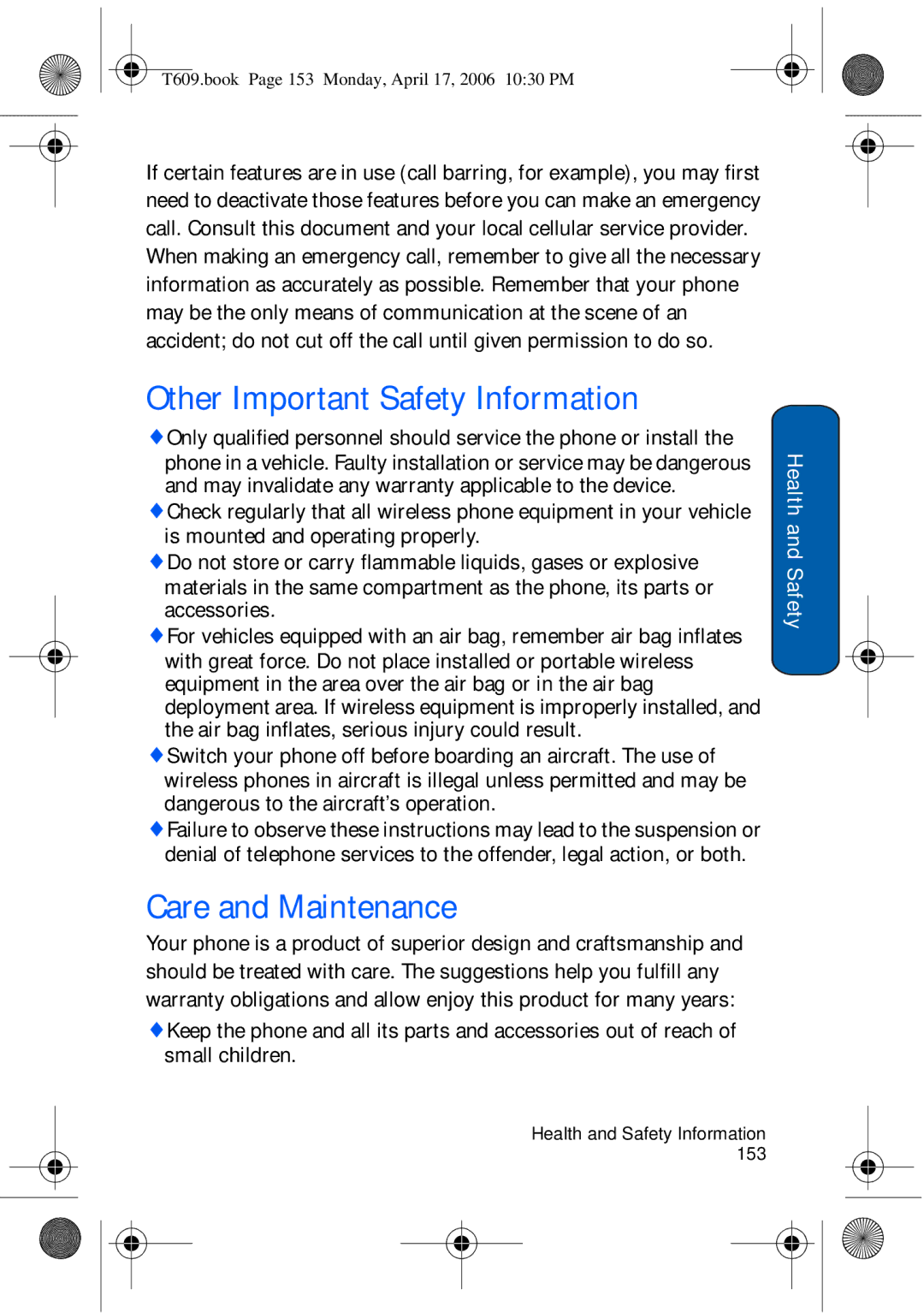 Samsung SGH-t609 manual Other Important Safety Information, Care and Maintenance 