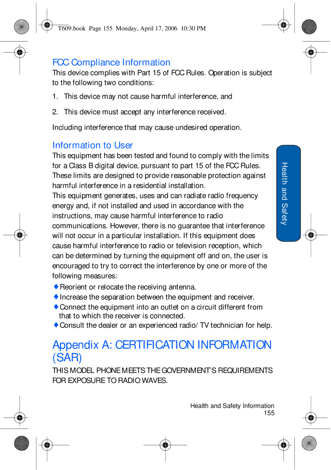 Samsung SGH-t609 manual Appendix a Certification Information SAR, FCC Compliance Information, Information to User 