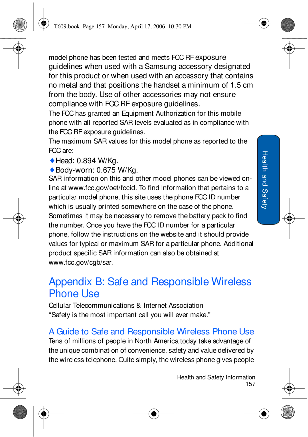 Samsung SGH-t609 Appendix B Safe and Responsible Wireless Phone Use, Guide to Safe and Responsible Wireless Phone Use 