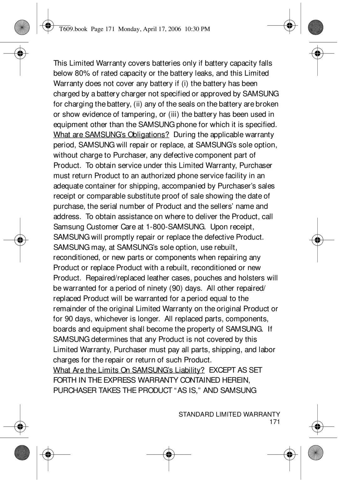 Samsung SGH-t609 manual T609.book Page 171 Monday, April 17, 2006 1030 PM 