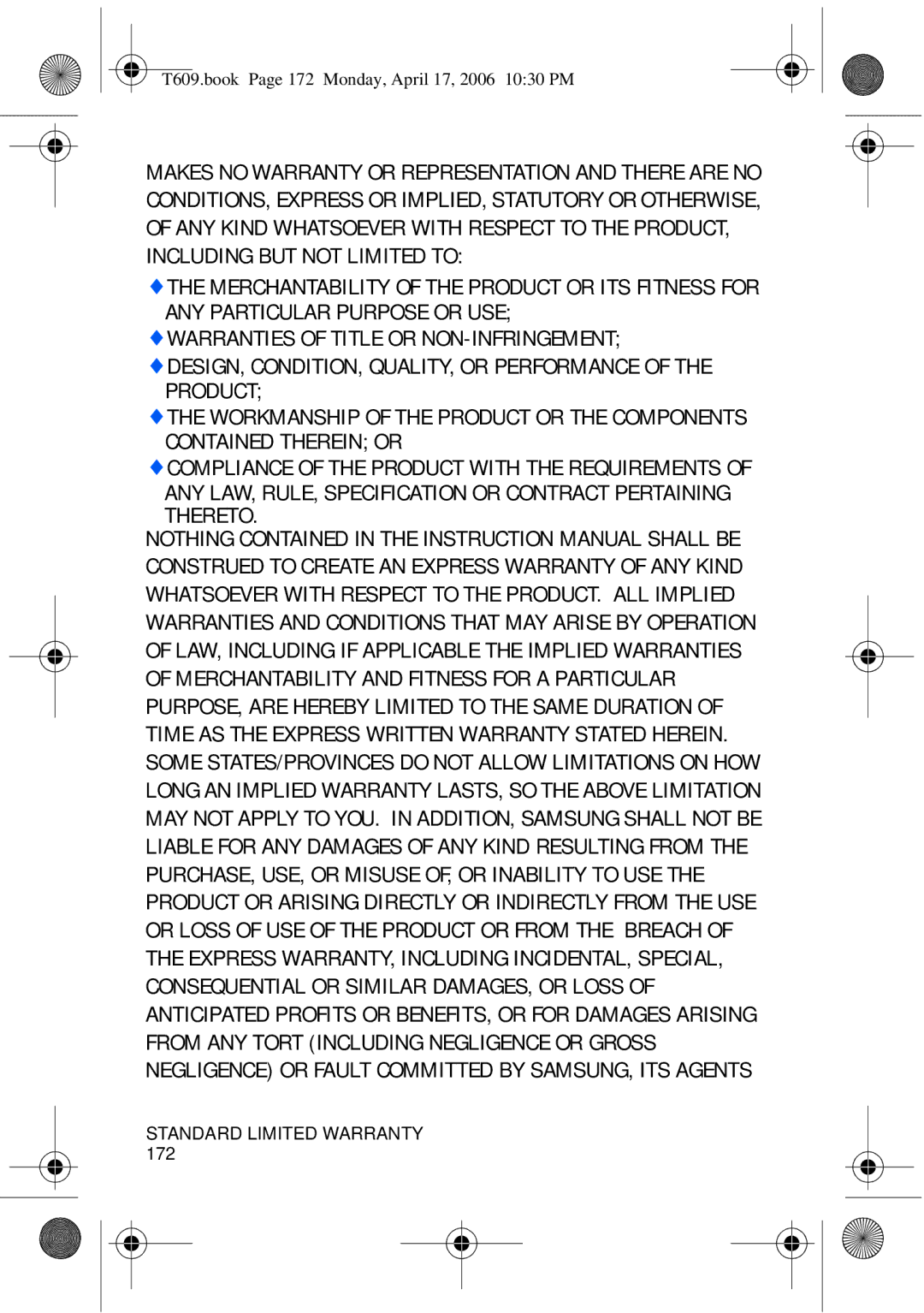 Samsung SGH-t609 manual T609.book Page 172 Monday, April 17, 2006 1030 PM 