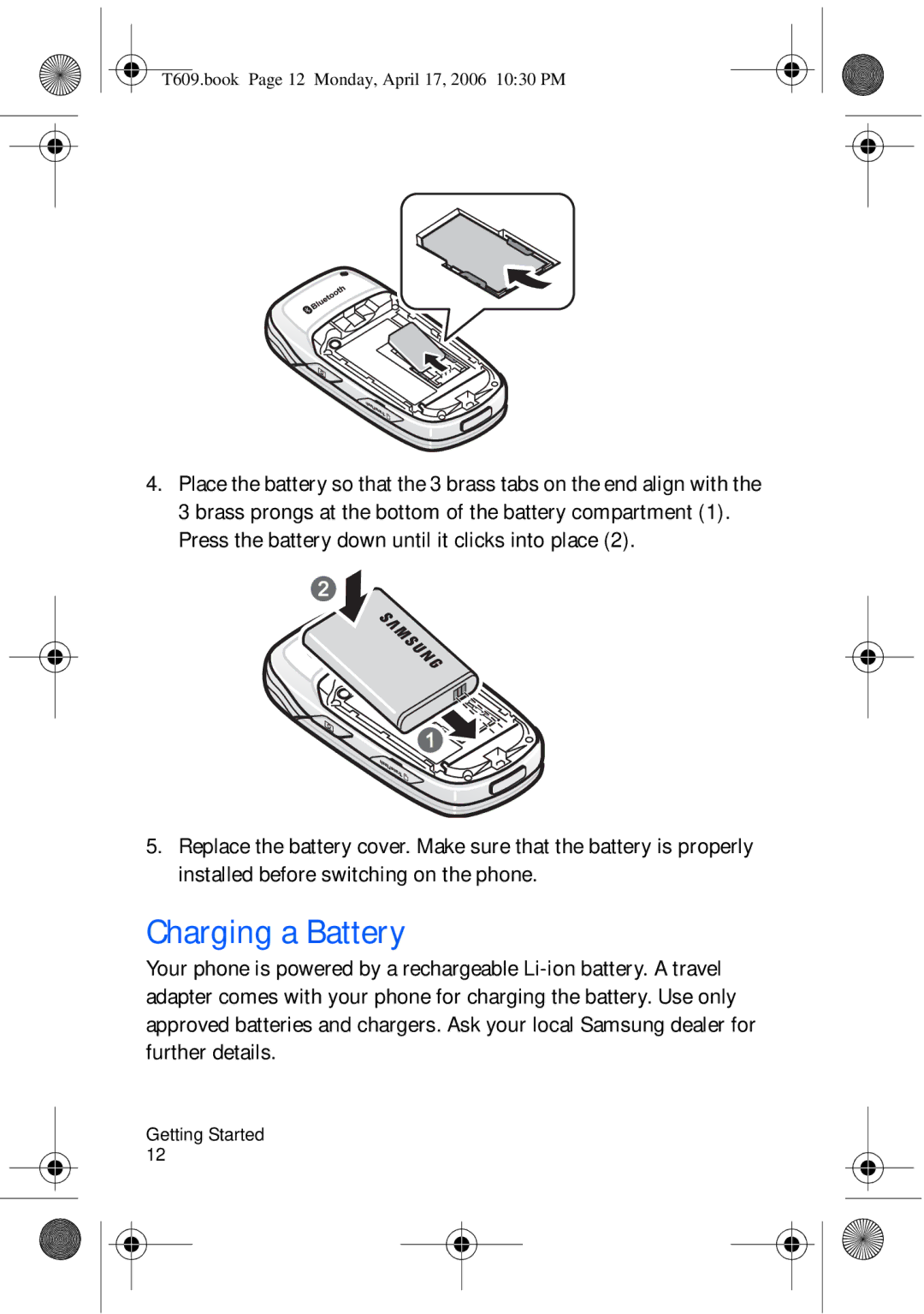 Samsung SGH-t609 manual Charging a Battery 