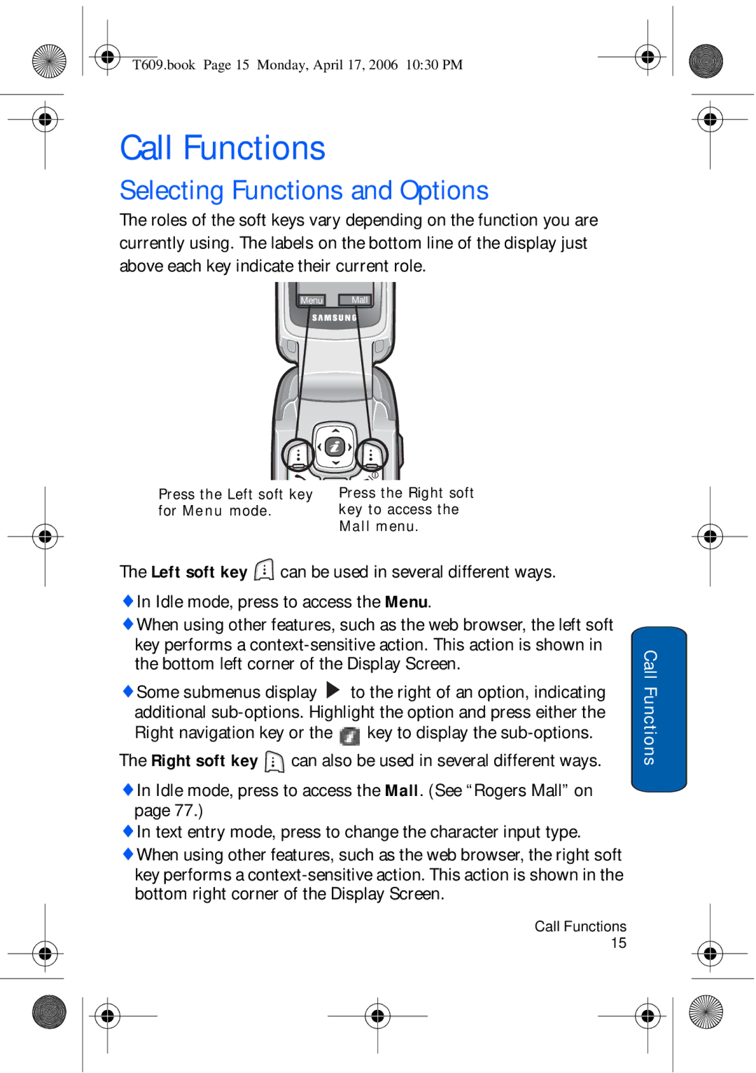 Samsung SGH-t609 manual Call Functions, Selecting Functions and Options 