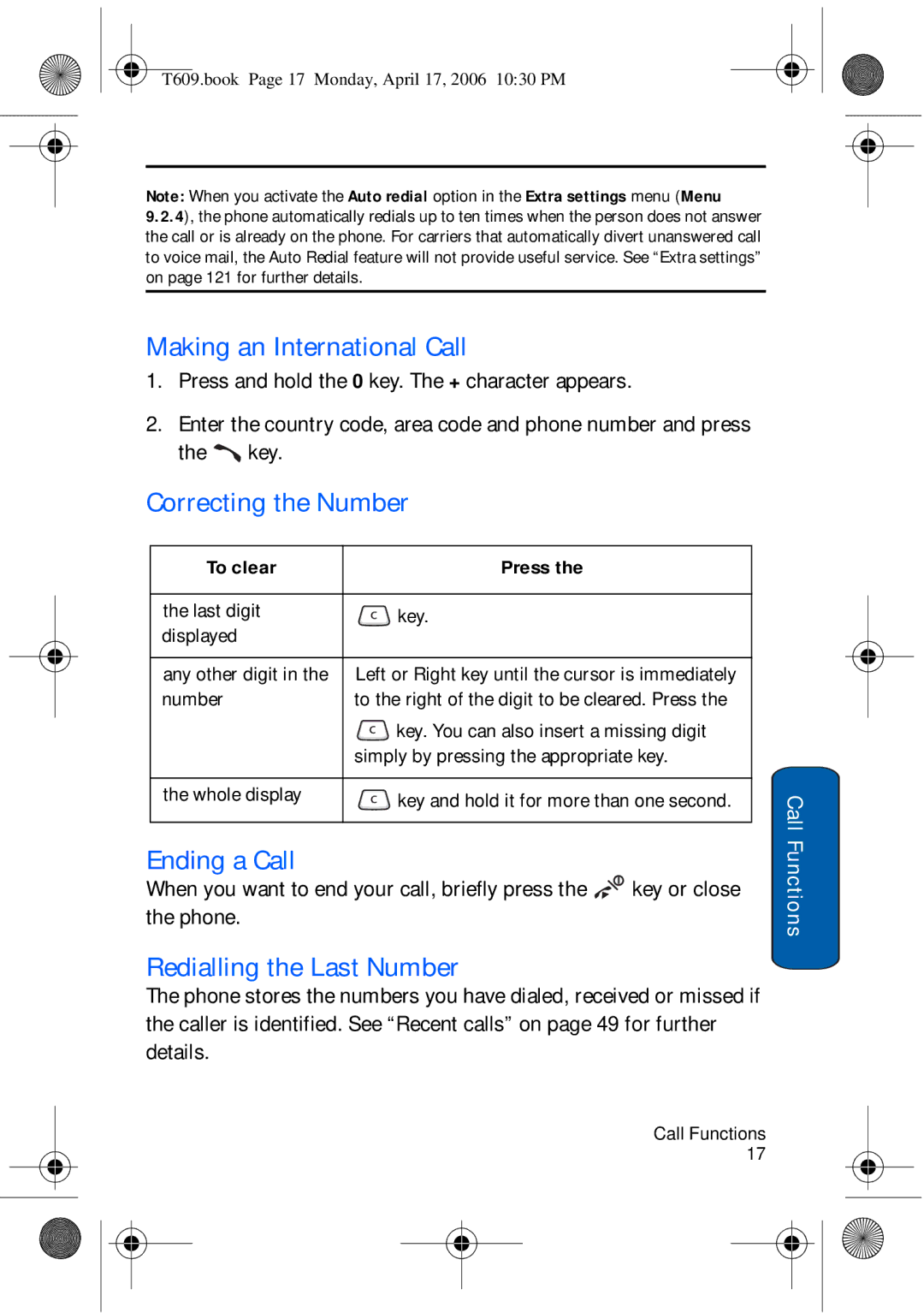 Samsung SGH-t609 manual Making an International Call, Correcting the Number, Ending a Call, Redialling the Last Number 