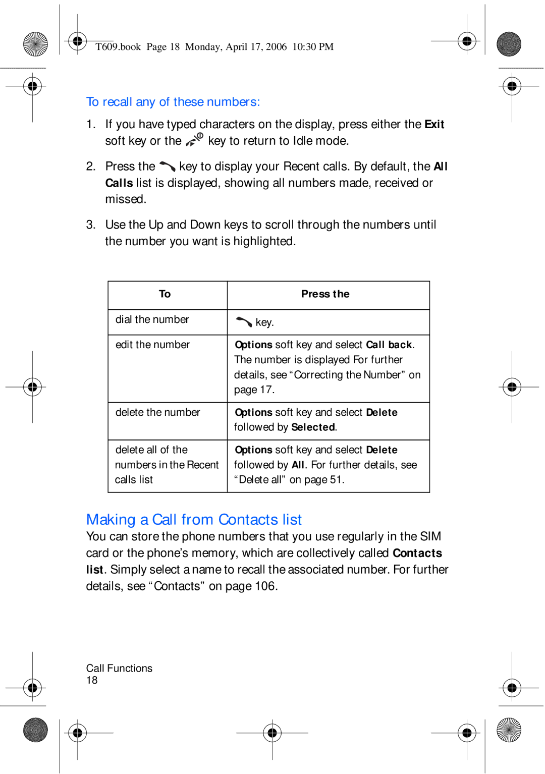 Samsung SGH-t609 manual Making a Call from Contacts list, To recall any of these numbers 