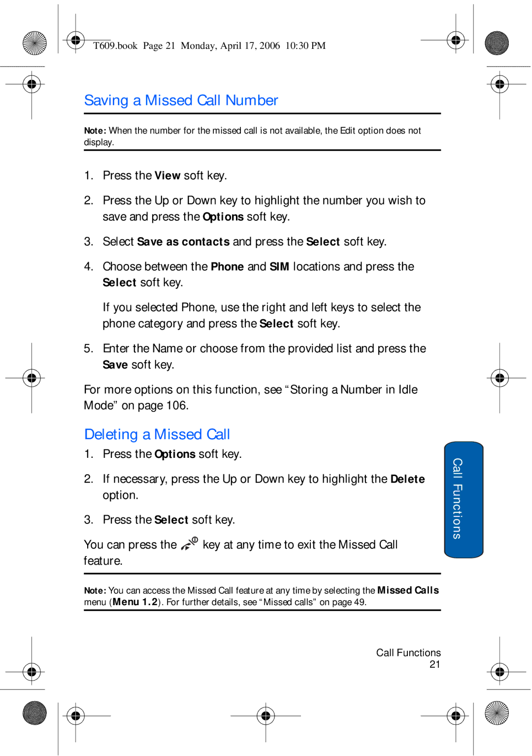 Samsung SGH-t609 manual Saving a Missed Call Number, Deleting a Missed Call 