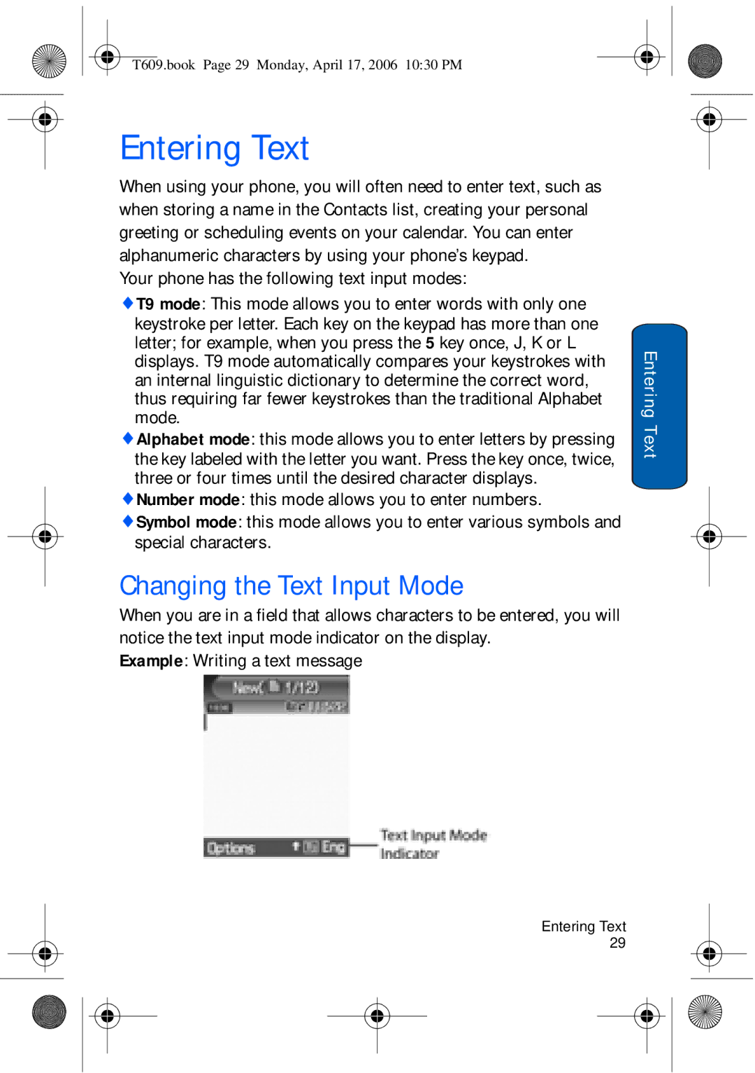 Samsung SGH-t609 manual Entering Text, Changing the Text Input Mode, Your phone has the following text input modes 