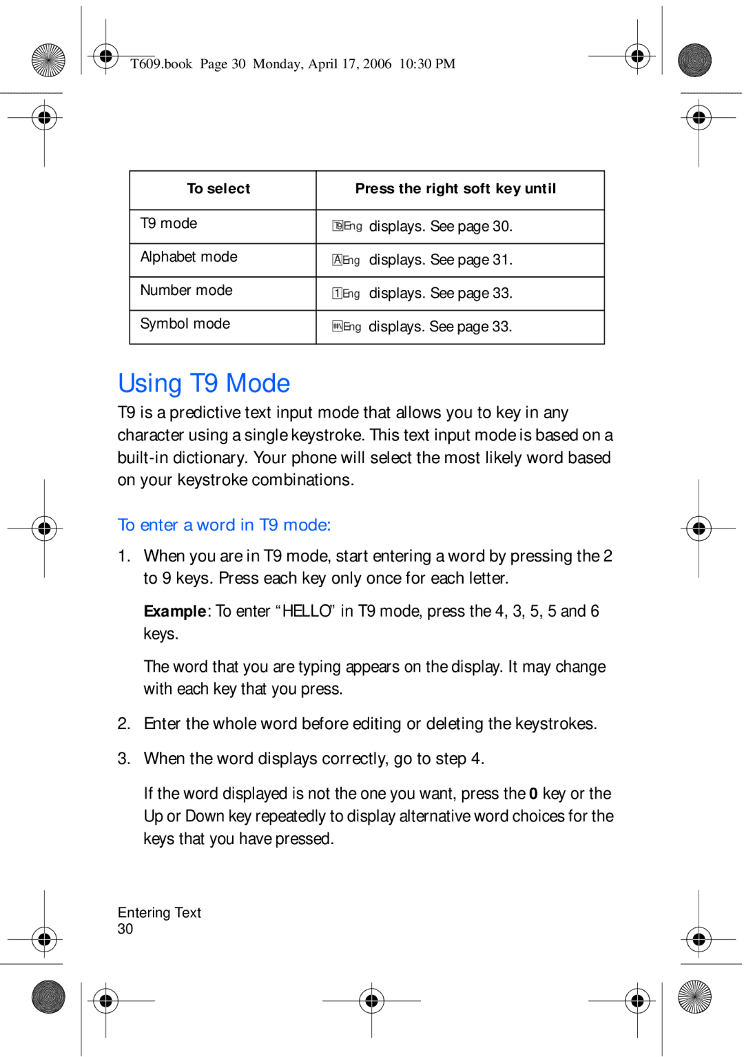 Samsung SGH-t609 manual Using T9 Mode, To enter a word in T9 mode 