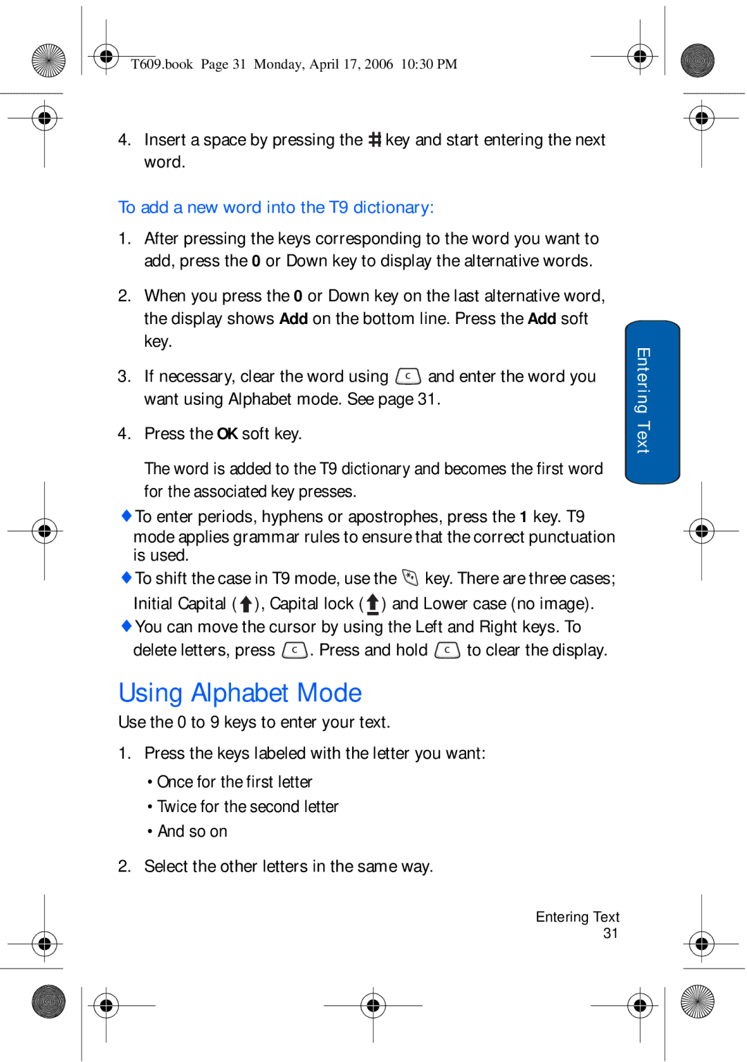 Samsung SGH-t609 manual Using Alphabet Mode, To add a new word into the T9 dictionary 